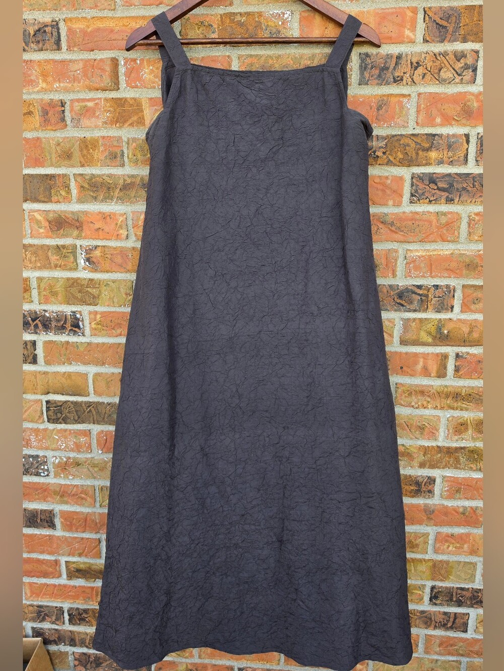 Eileen Fisher 100% Crushed Silk Brown Maxi Dress Tie Waist M